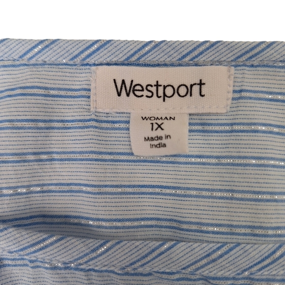Westport Blue White Pullover Striped Short Ruffle‎ Sleeve Cotton Top Size 1X - Picture 8 of 12